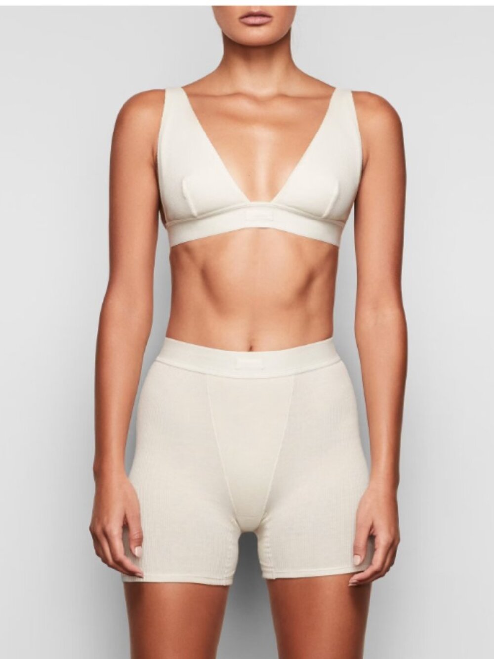 SKIMS Cotton Rib Plunge Bralette Boxer Short High Rise Matching Set Bone Size XS
